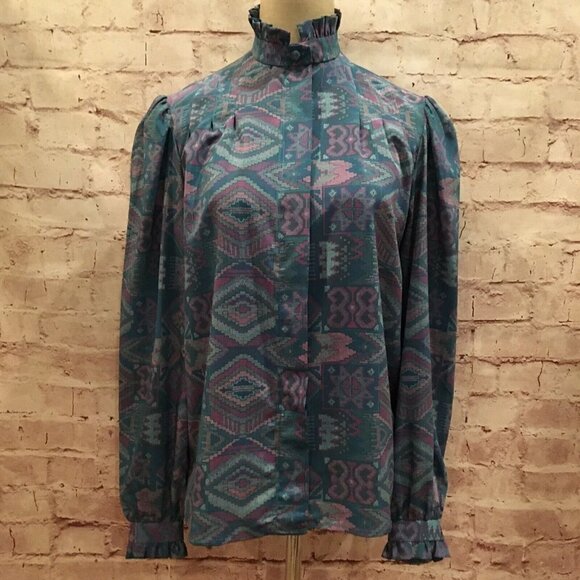 Vintage 80s Teal Blue Southwest Secretary Blouse High Neck Ruffle Trim Size 8 - Picture 1 of 4